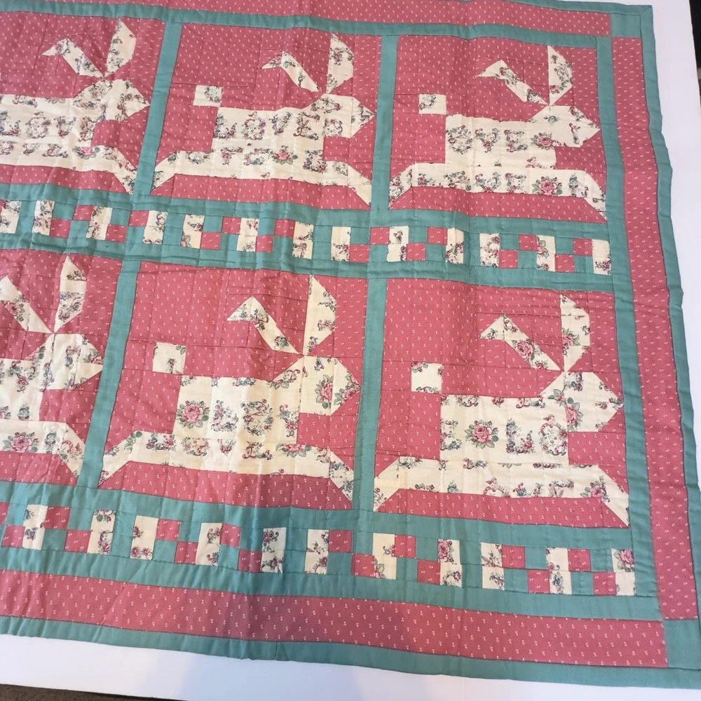 Handmade Bunny‎ Rabbit Patchwork Quilt Pink Teal Nursery Wall Hanging 40x33